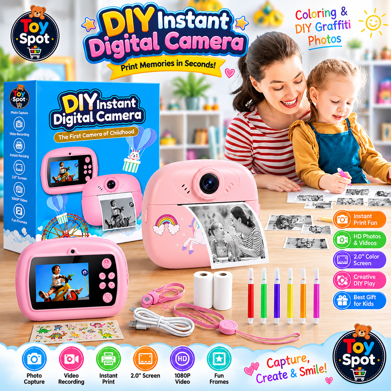 Children’s Instant Digital Print Camera For Kids Black And White Printing Roll