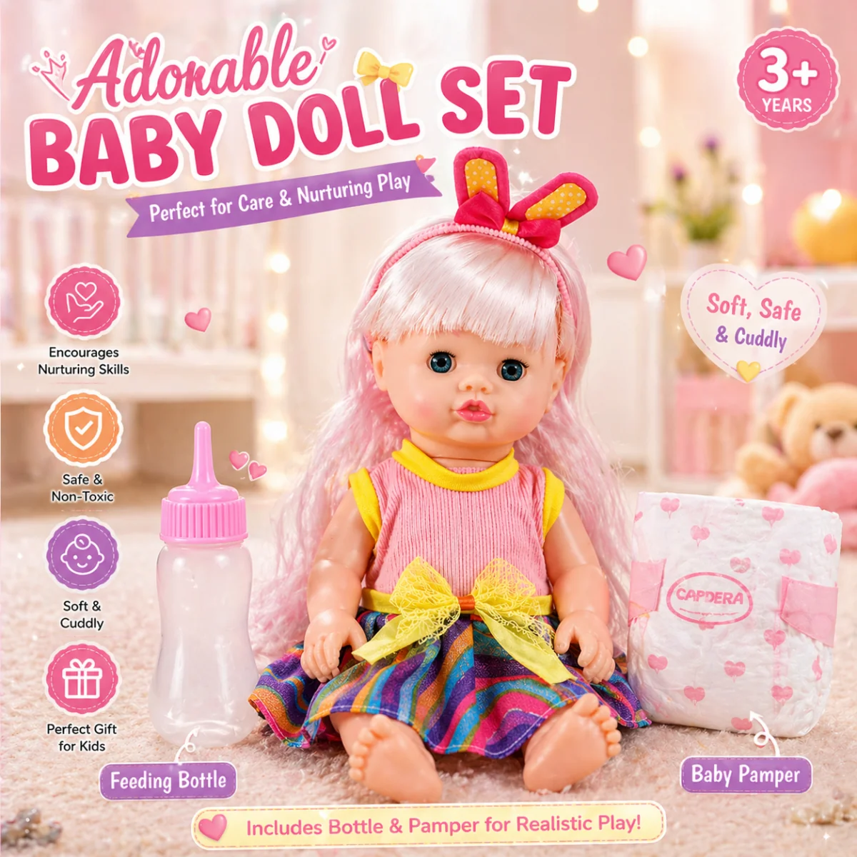 Happy Every Day Baby Doll with Feeding Bottle & Diaper