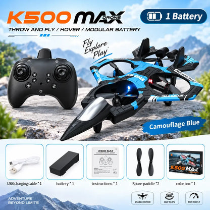 K500 Max RC Fighter Jet Drone with 360° Stunts & LED Lights