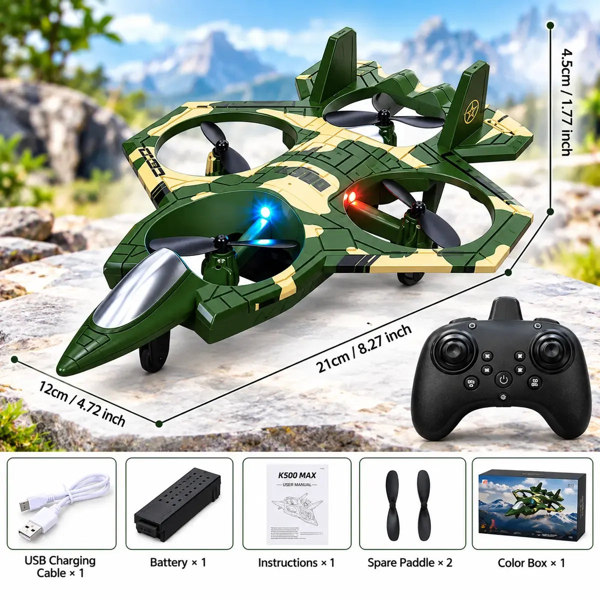 K500 Max RC Fighter Jet Drone with 360° Stunts & LED Lights