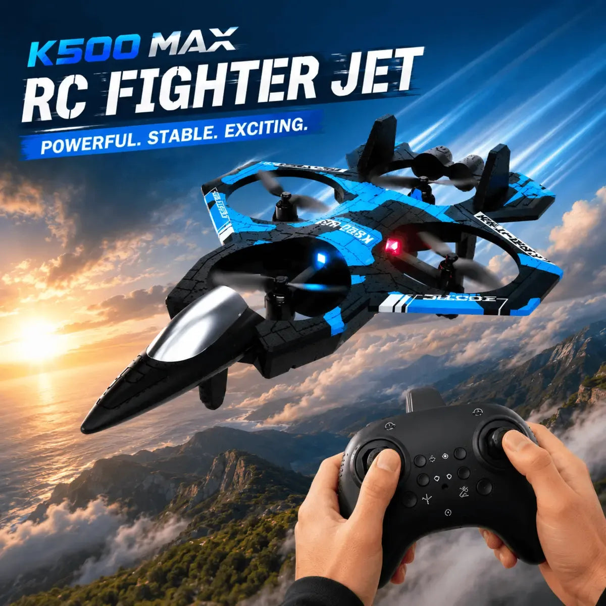 K500 Max RC Fighter Jet Drone with 360° Stunts & LED Lights